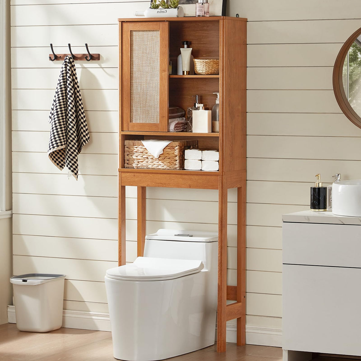 Lerliuo Rattan Bathroom Wall Cabinet, Boho Natural Medicine Cabinet with Adjustable Wood Shelf, 2 Doors Over The Toilet Storage Cabinets for Laundry Room, Kitchen, Living Room
