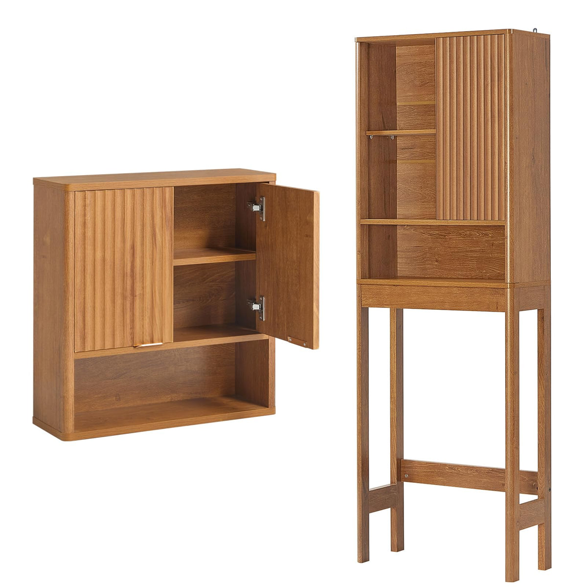LEYAOYAO Fluted Over The Toilet Storage Cabinet & Bathroom Wall Cabinet Set of 2, Farmhouse Above Toilet Organizer, Medicine Cabinet w/Adjustable Shelf & Doors for Laundry Living Room Kitchen(Black)