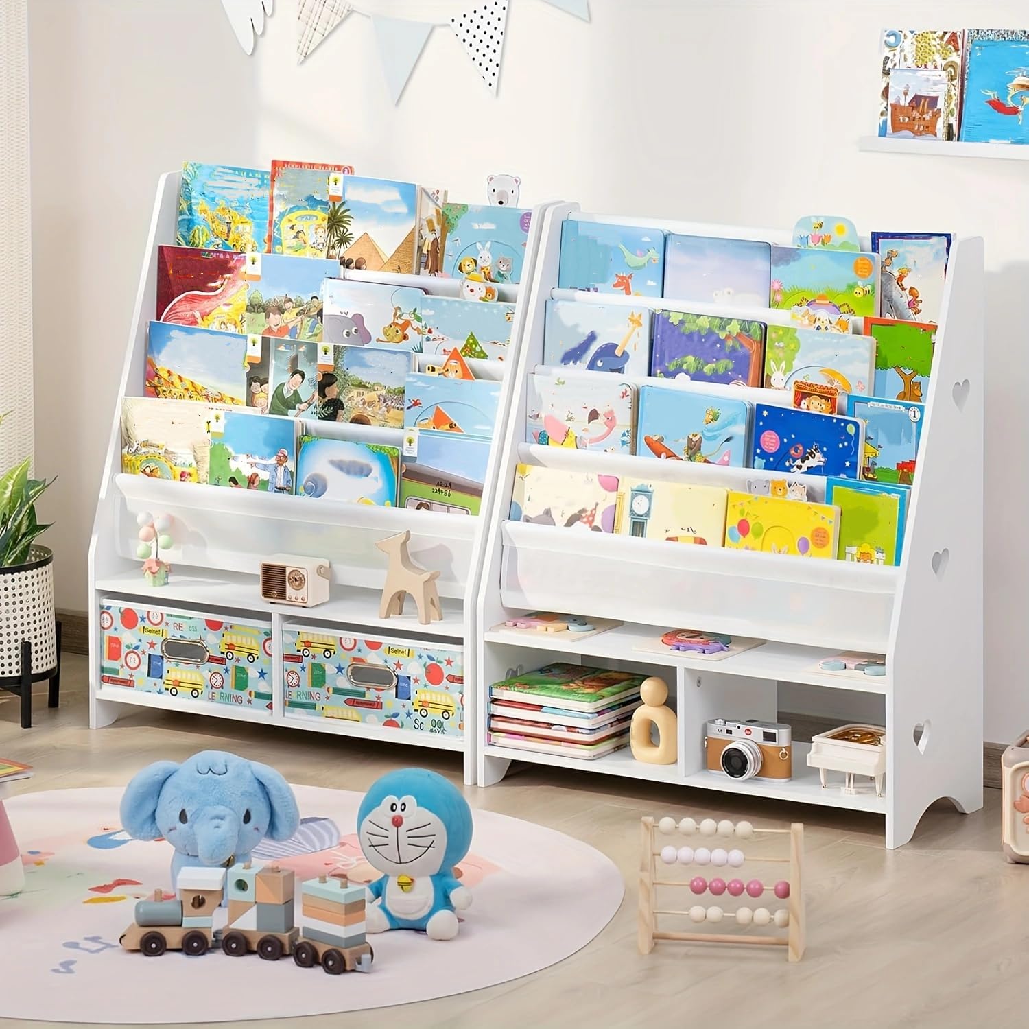 Lerliuo 5 Tier Kids Bookshelf, White Children Sling Book Shelf with 2 Drawers, Baby Toddler Wooden Bookcase and Book Rack, Display Shelves Storage Organizer for Classroom, Playroom, Bedroom, Nursery