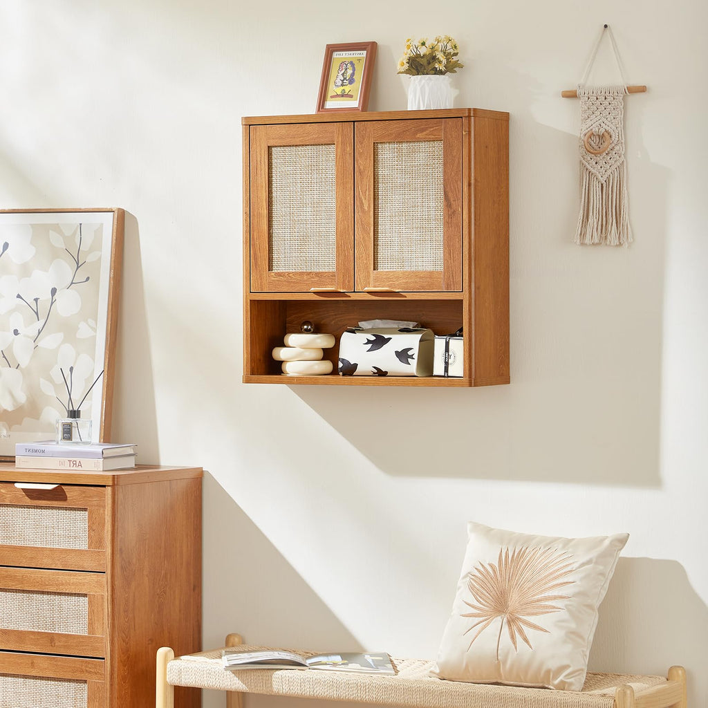 Lerliuo Rattan Bathroom Wall Cabinet, Boho Natural Medicine Cabinet with Adjustable Wood Shelf, 2 Doors Over The Toilet Storage Cabinets for Laundry Room, Kitchen, Living Room