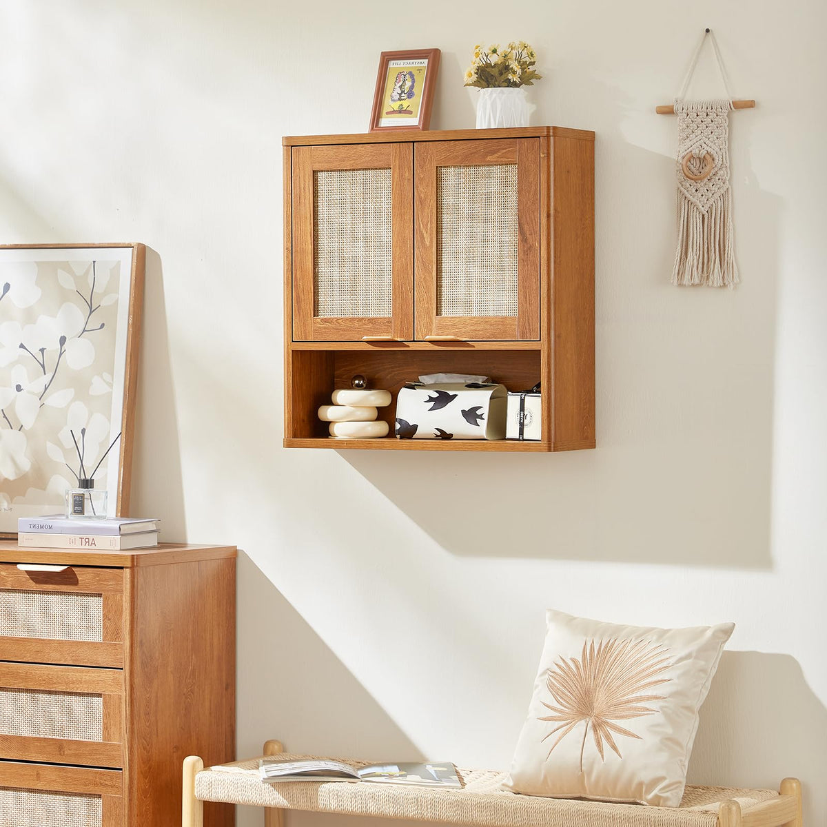 Lerliuo Rattan Bathroom Wall Cabinet, Boho Natural Medicine Cabinet with Adjustable Wood Shelf, 2 Doors Over The Toilet Storage Cabinets for Laundry Room, Kitchen, Living Room