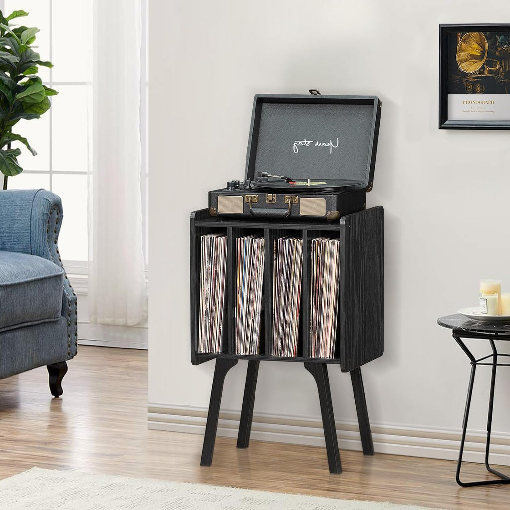 Lerliuo Record Player Stand with Storage Holds Up to 80 Albums, Turntable Stand with Beech Wood Legs, Mid-Century Record Player Table,Black Vinyl Holder Display Shelf for Bedroom Living Room