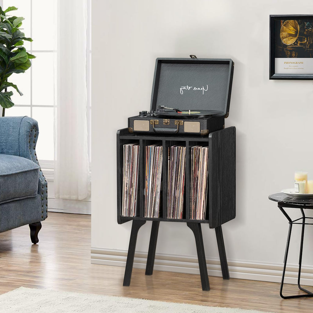 Lerliuo Record Player Stand with Storage Holds Up to 80 Albums, Turntable Stand with Beech Wood Legs, Mid-Century Record Player Table,Black Vinyl Holder Display Shelf for Bedroom Living Room