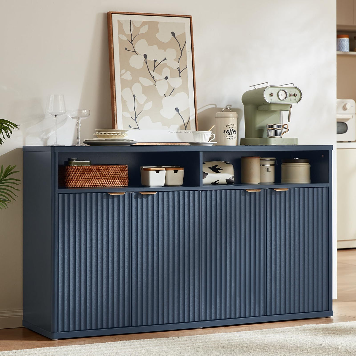 LEYAOYAO 45-Inch Fluted Buffet Cabinet with 3 Doors,Dark Blue