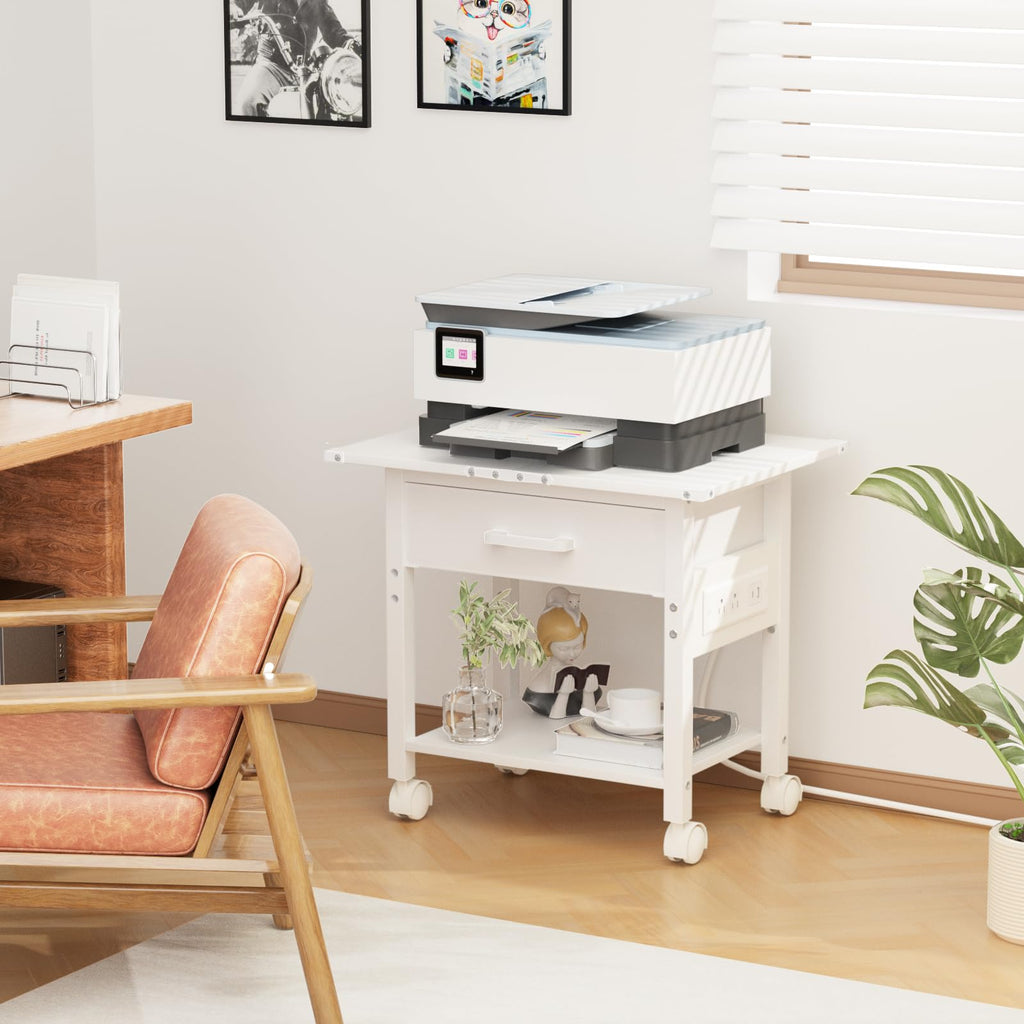 Lerliuo Under Desk Rolling Printer Stand with Drawer, 2-Tier Industrial Mobile Printer Table Desk with Storage Shelf and Steel Frame, Printer Cart Holder with Lockable Wheels for Home, Office (Brown)
