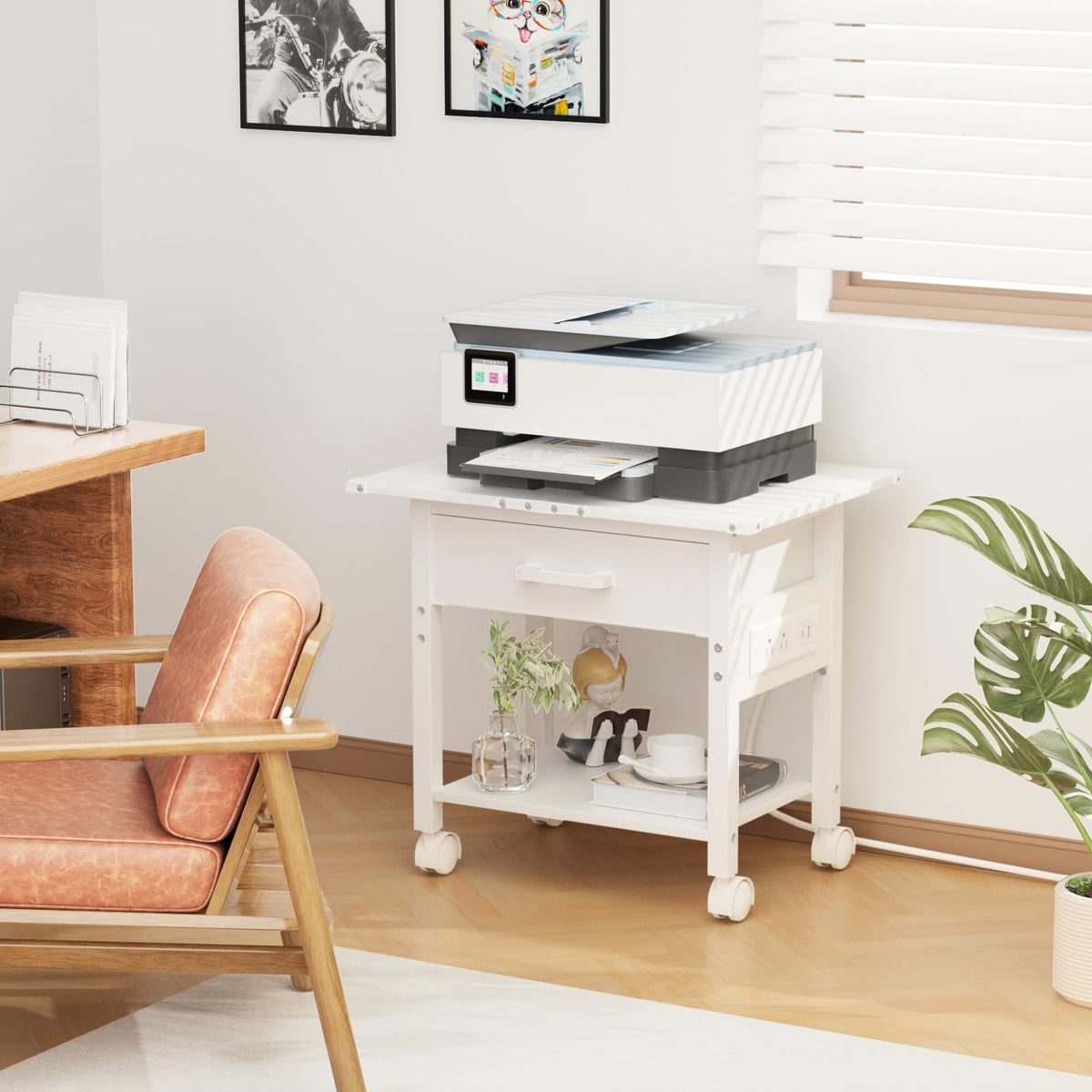 Lerliuo Under Desk Rolling Printer Stand with Drawer, 2-Tier Industrial Mobile Printer Table Desk with Storage Shelf and Steel Frame, Printer Cart Holder with Lockable Wheels for Home, Office (Brown)
