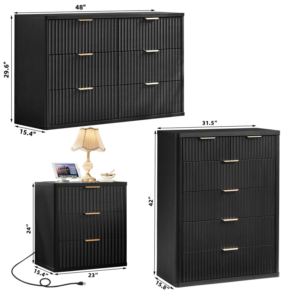 LEYAOYAO Fluted Dressers & Nightstand Set of 4, Wood 48" Wide Dresser & 42" Tall Chest of Drawers,Modern Bedroom Furniture Sets, Natural Wooden Nightstand Set of 2 with 3 Drawers & Charging Station