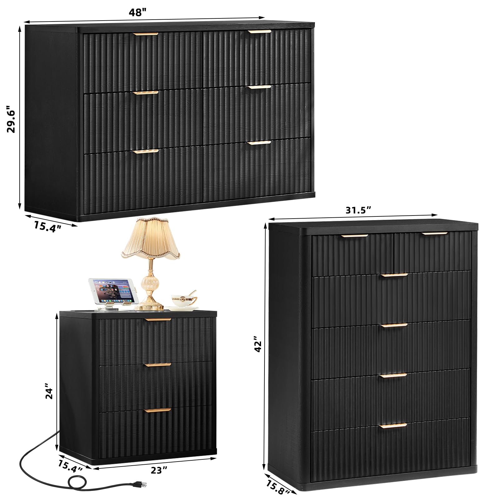 LEYAOYAO Fluted Dressers & Nightstand Set of 4, Wood 48" Wide Dresser & 42" Tall Chest of Drawers,Modern Bedroom Furniture Sets, Natural Wooden Nightstand Set of 2 with 3 Drawers & Charging Station