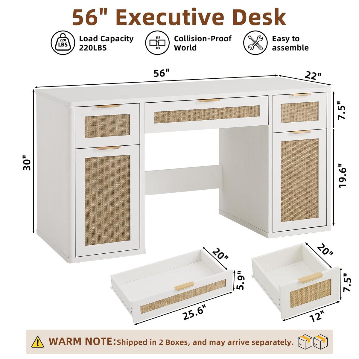 LEYAOYAO Office Desk 56" with 5 Drawers Storage File Cabinet, Natural