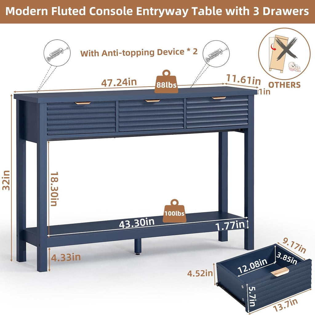 LEYAOYAO 47.2" Fluted Console Table with 3 Drawers, Blue Entryway Table