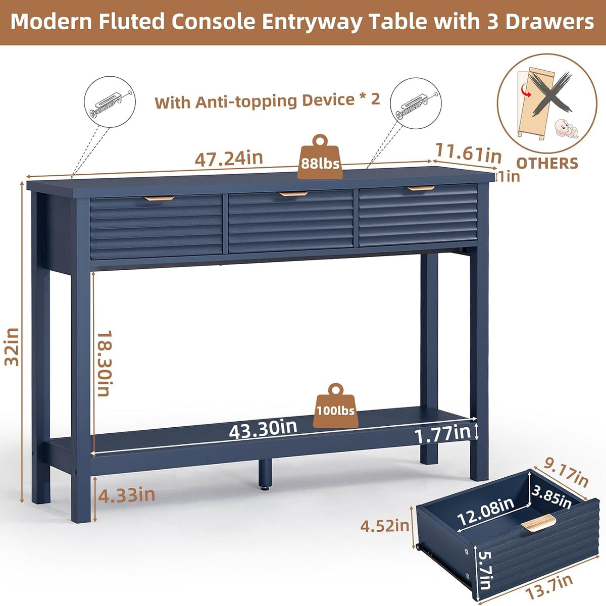 LEYAOYAO 47.2" Fluted Console Table with 3 Drawers, Blue Entryway Table
