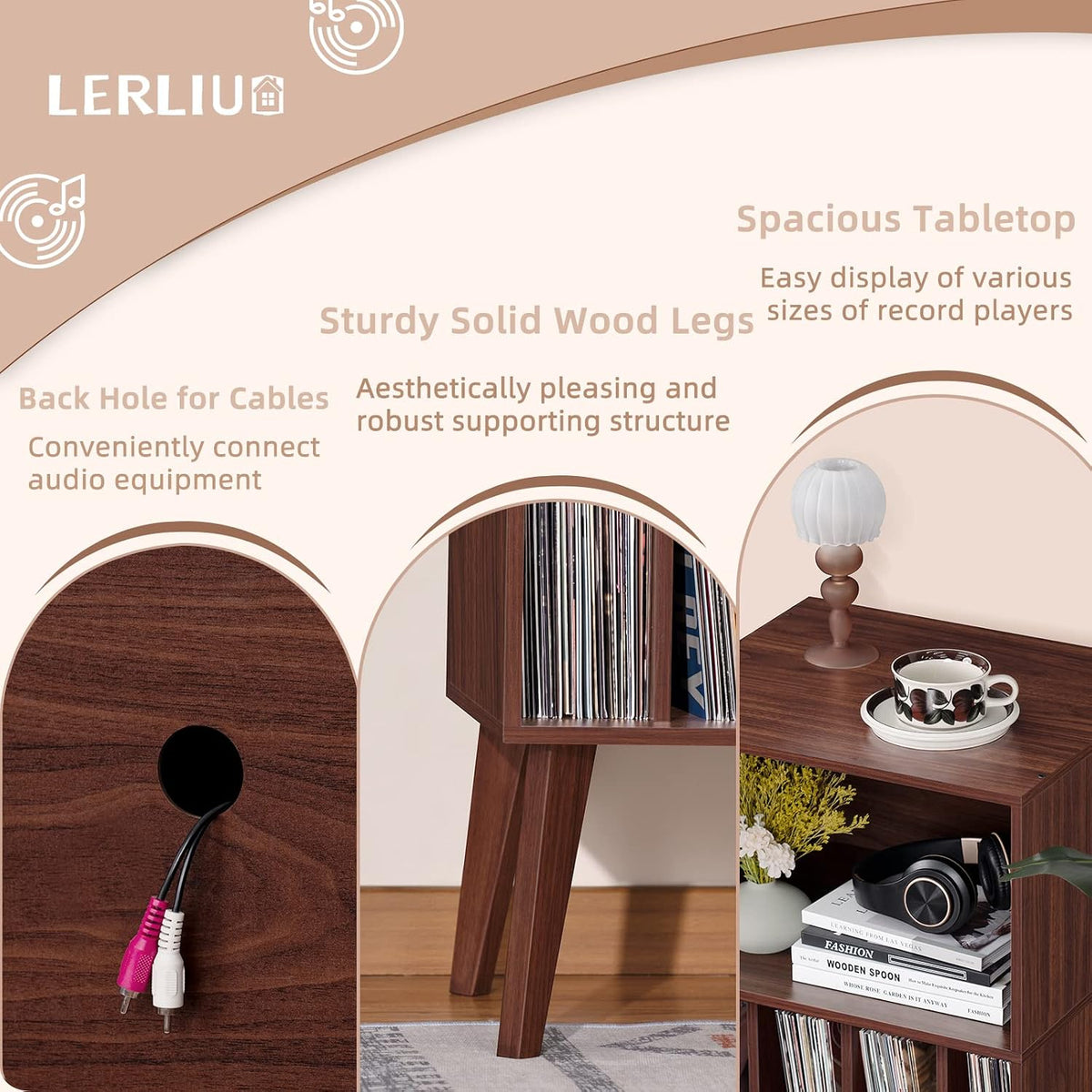 Lerliuo Record Player Stand, Walnut Turntable Stand Holds up to 160 Albums