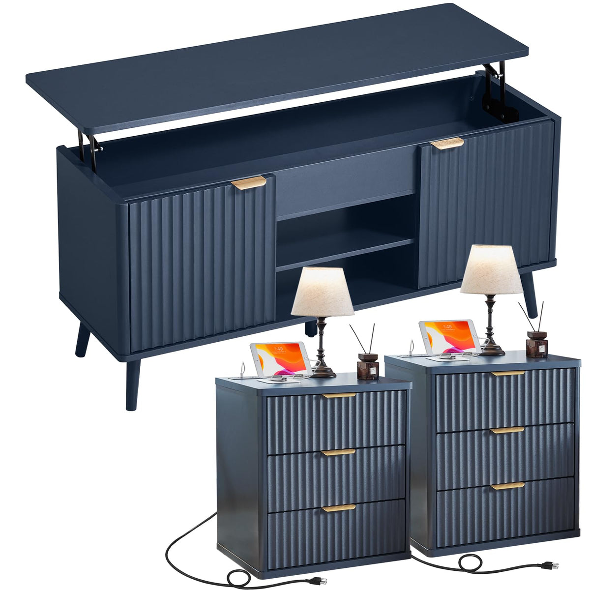 LEYAOYAO Fluted Lift Top Coffee Table and Nightstand Set,Wood 48" Wide Center Tables & 23" Night Stand with 3 Drawers,Farmhouse Living Room Suites for Bedroom Home Living Room Hallway,Blue
