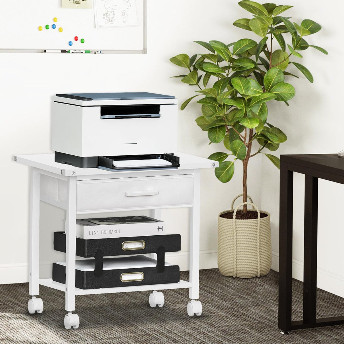 Lerliuo Under Desk Rolling Printer Stand with Drawer, 2-Tier Industrial Mobile Printer Table Desk with Storage Shelf and Steel Frame, Printer Cart Holder with Lockable Wheels for Home, Office (Brown)