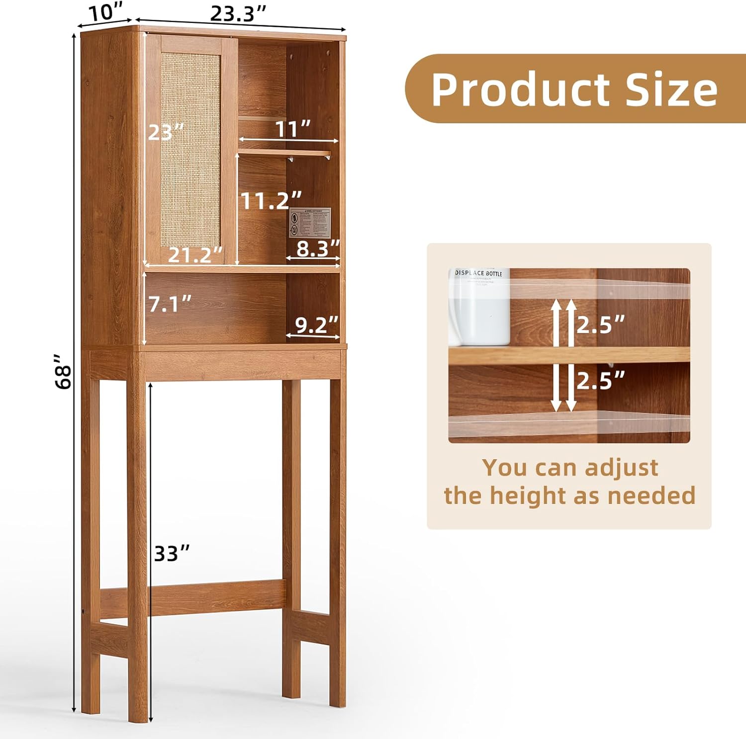 LEYAOYAO 68" Boho Over the Toilet Storage Cabinet with Rattan Sliding Door