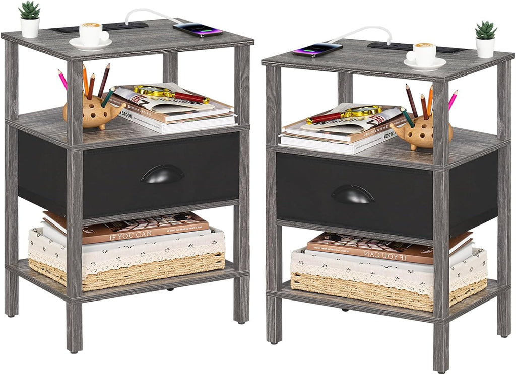 Lerliuo Nightstand Set of 2 with Charging Station and USB Ports, 3-Tier Storage End Table with Cloth Drawer Shelf, Night Stand for Small Spaces, Wood Bedside Table for Living Room, Bedroom - Grey