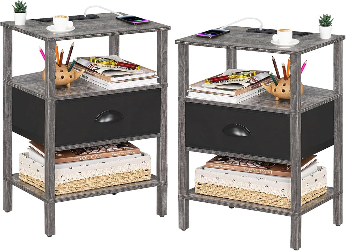 Lerliuo Nightstand Set of 2 with Charging Station and USB Ports, 3-Tier Storage End Table with Cloth Drawer Shelf, Night Stand for Small Spaces, Wood Bedside Table for Living Room, Bedroom - Grey