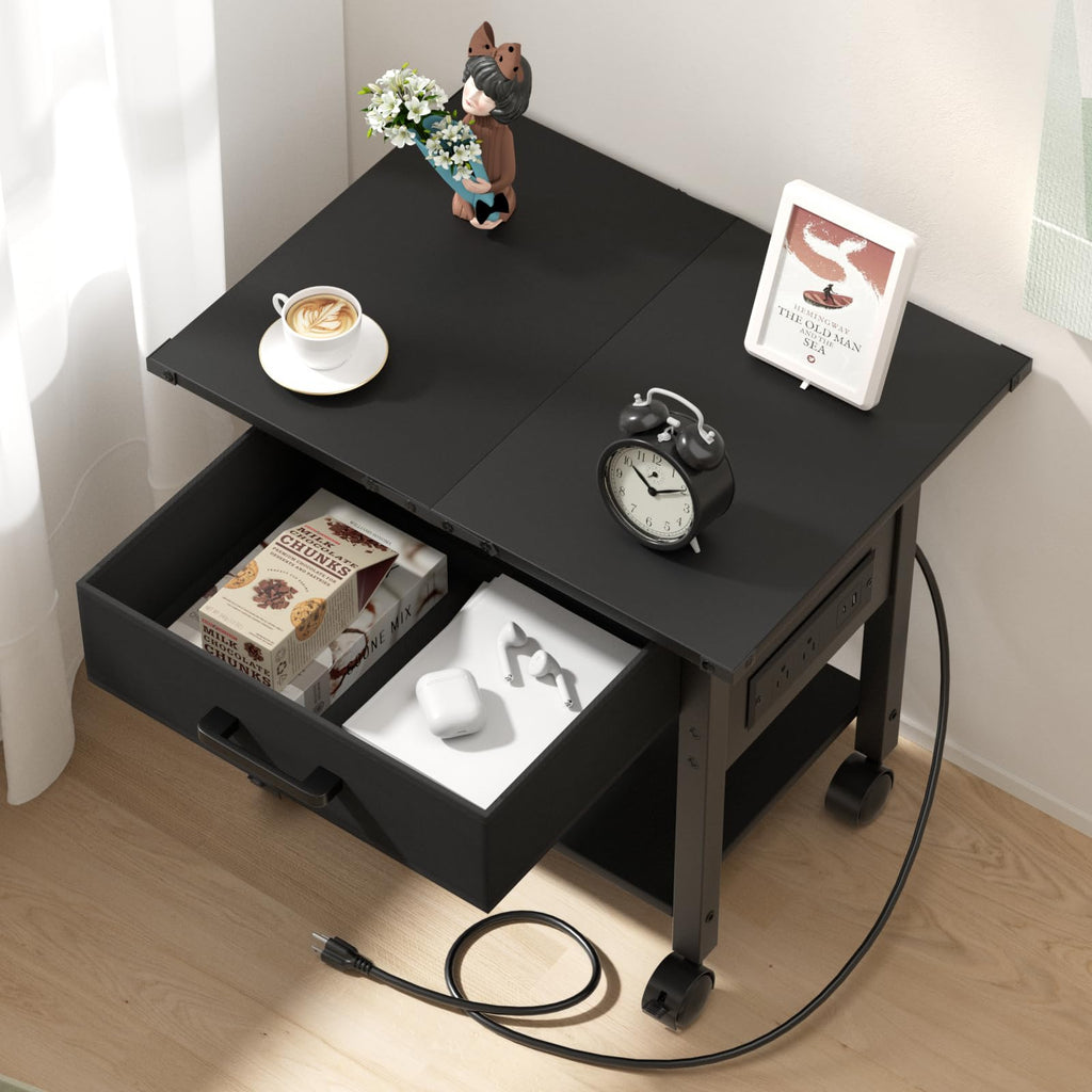 Lerliuo Under Desk Rolling Printer Stand with Drawer, 2-Tier Industrial Mobile Printer Table Desk with Storage Shelf and Steel Frame, Printer Cart Holder with Lockable Wheels for Home, Office (Brown)