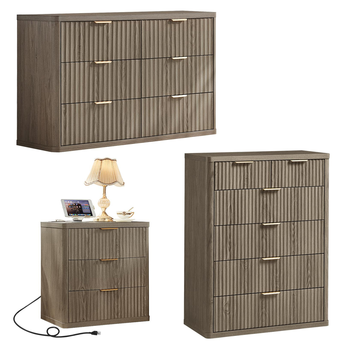LEYAOYAO Fluted Dressers & Nightstand Set of 4, Wood 48" Wide Dresser & 42" Tall Chest of Drawers,Modern Bedroom Furniture Sets, Natural Wooden Nightstand Set of 2 with 3 Drawers & Charging Station