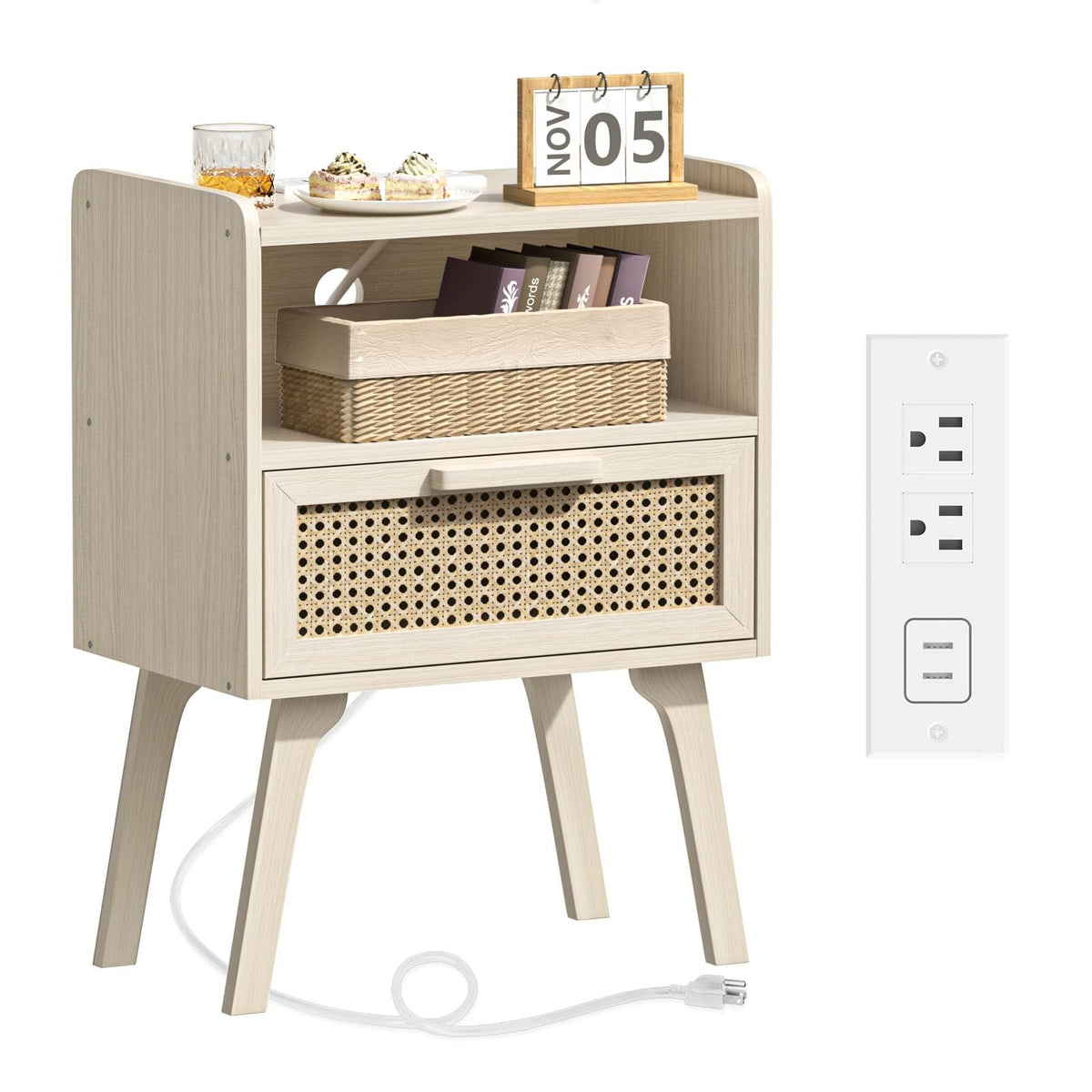 Lerliuo Rattan Nightstand with Charging Station, Boho Night Stand