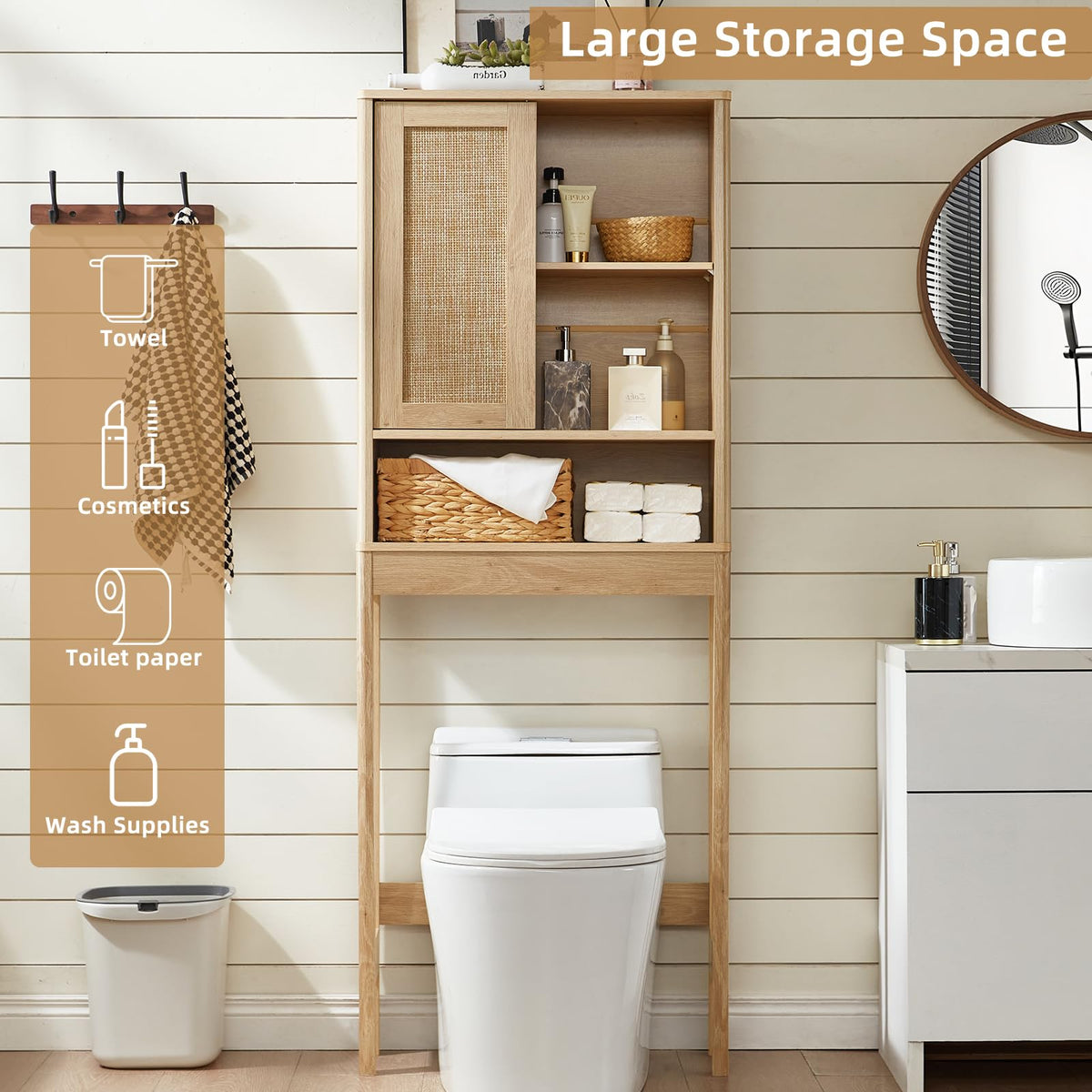 Lerliuo Rattan Bathroom Wall Cabinet, Boho Natural Medicine Cabinet with Adjustable Wood Shelf, 2 Doors Over The Toilet Storage Cabinets for Laundry Room, Kitchen, Living Room