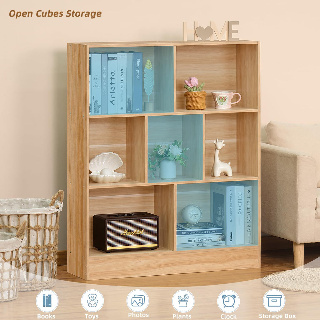LEYAOYAO 7 Cube Bookshelf with Base,3 Tier Mid-Century Modern Blue Bookcase,Standing Wide Bookshelves Storage Organizer Shelf,Rustic Wood Display Cabinet Book Shelves for Bedroom,Living Room,Office