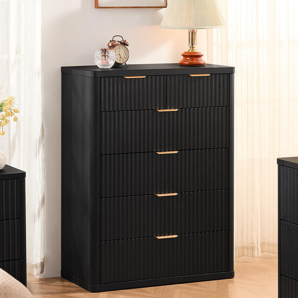 LEYAOYAO Fluted Dressers & Nightstand Set of 4, Wood 48" Wide Dresser & 42" Tall Chest of Drawers,Modern Bedroom Furniture Sets, Black Wooden Nightstand Set of 2 with 2 Drawers & Charging Station