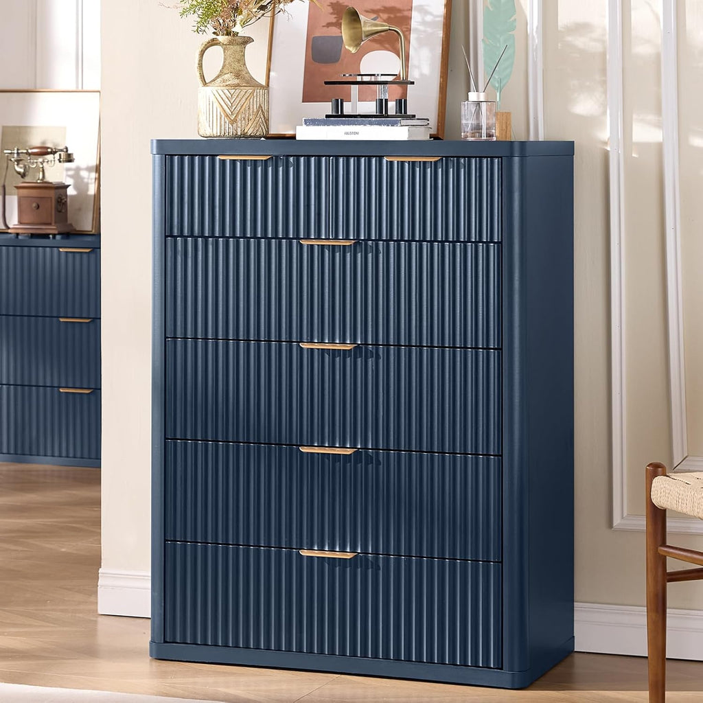 LEYAOYAO Fluted 6 Drawers Dresser for Bedroom Set of 2, 42" Tall Modern Chest of Drawers with Metal Handle, Curved Profile Design,Wood Drawer Organizer for Bedroom, Living Room, Hallway,Blue