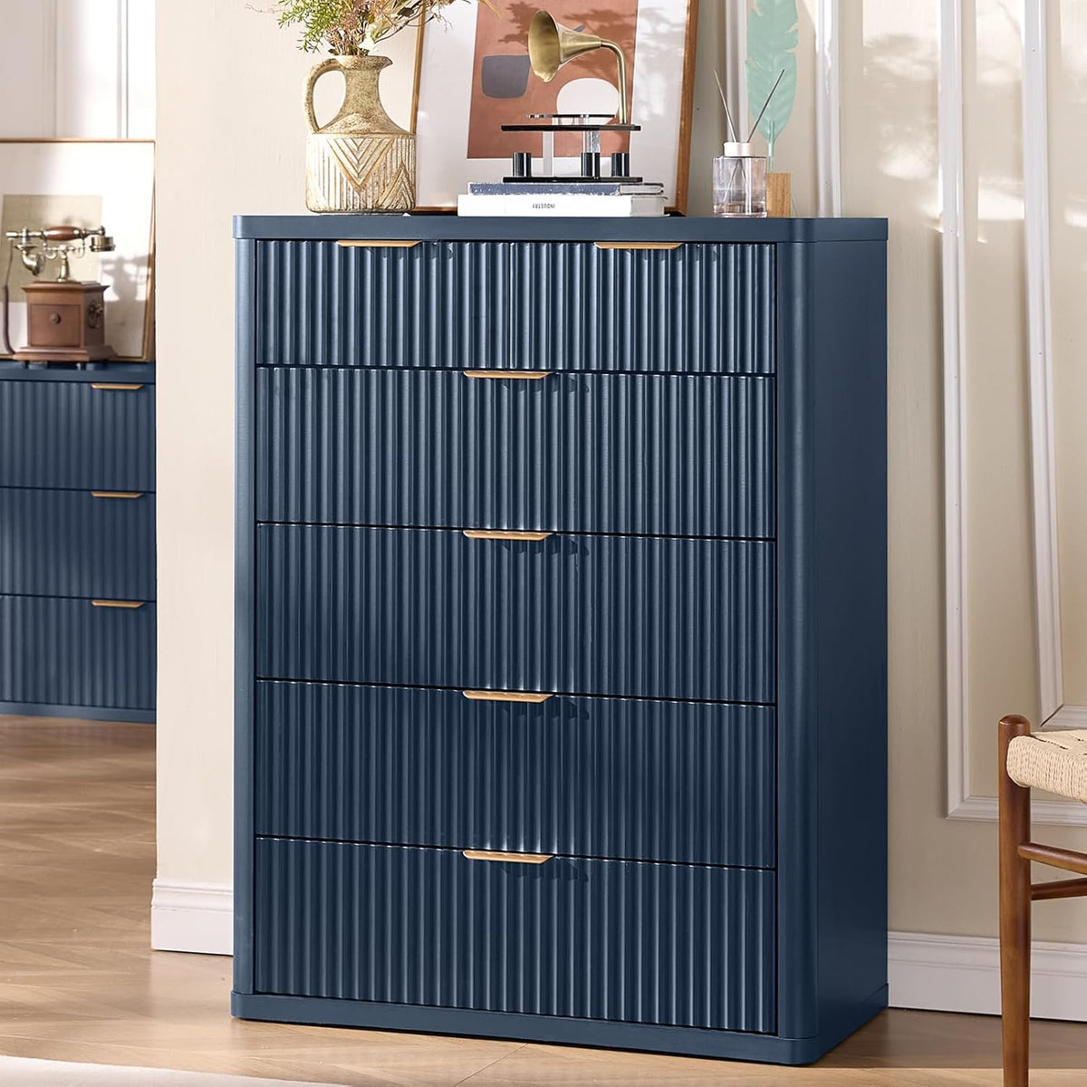 LEYAOYAO Fluted 6 Drawers Dresser for Bedroom Set of 2, 42" Tall Modern Chest of Drawers with Metal Handle, Curved Profile Design,Wood Drawer Organizer for Bedroom, Living Room, Hallway,Blue