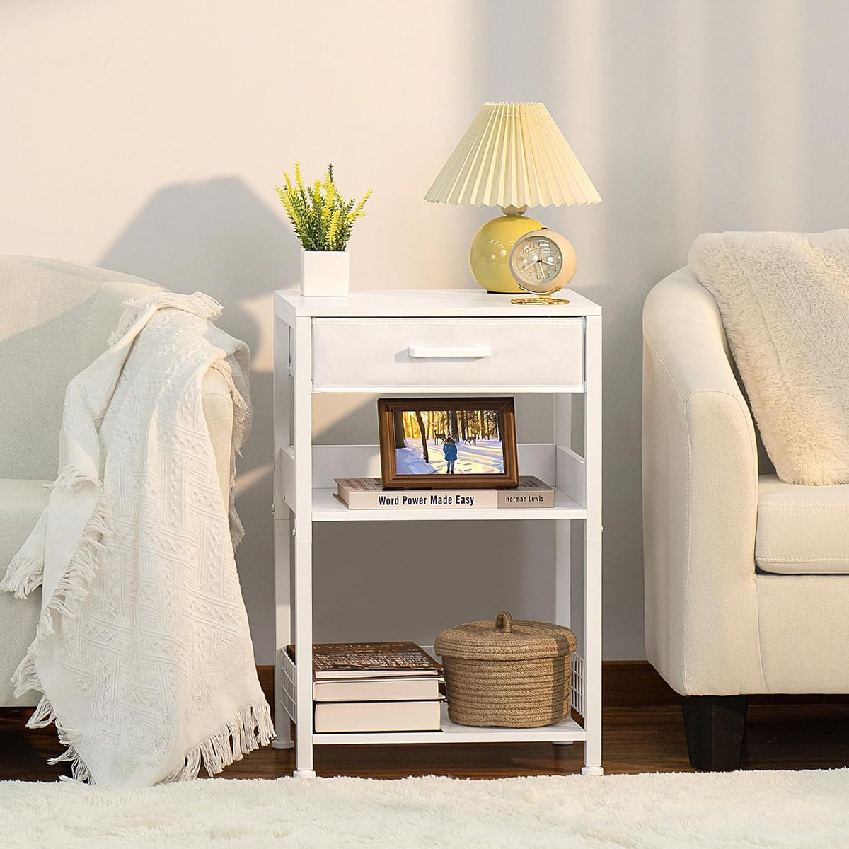 Lerliuo Printer Stand with Storage, 3-Tier Printer Table with Drawer, White