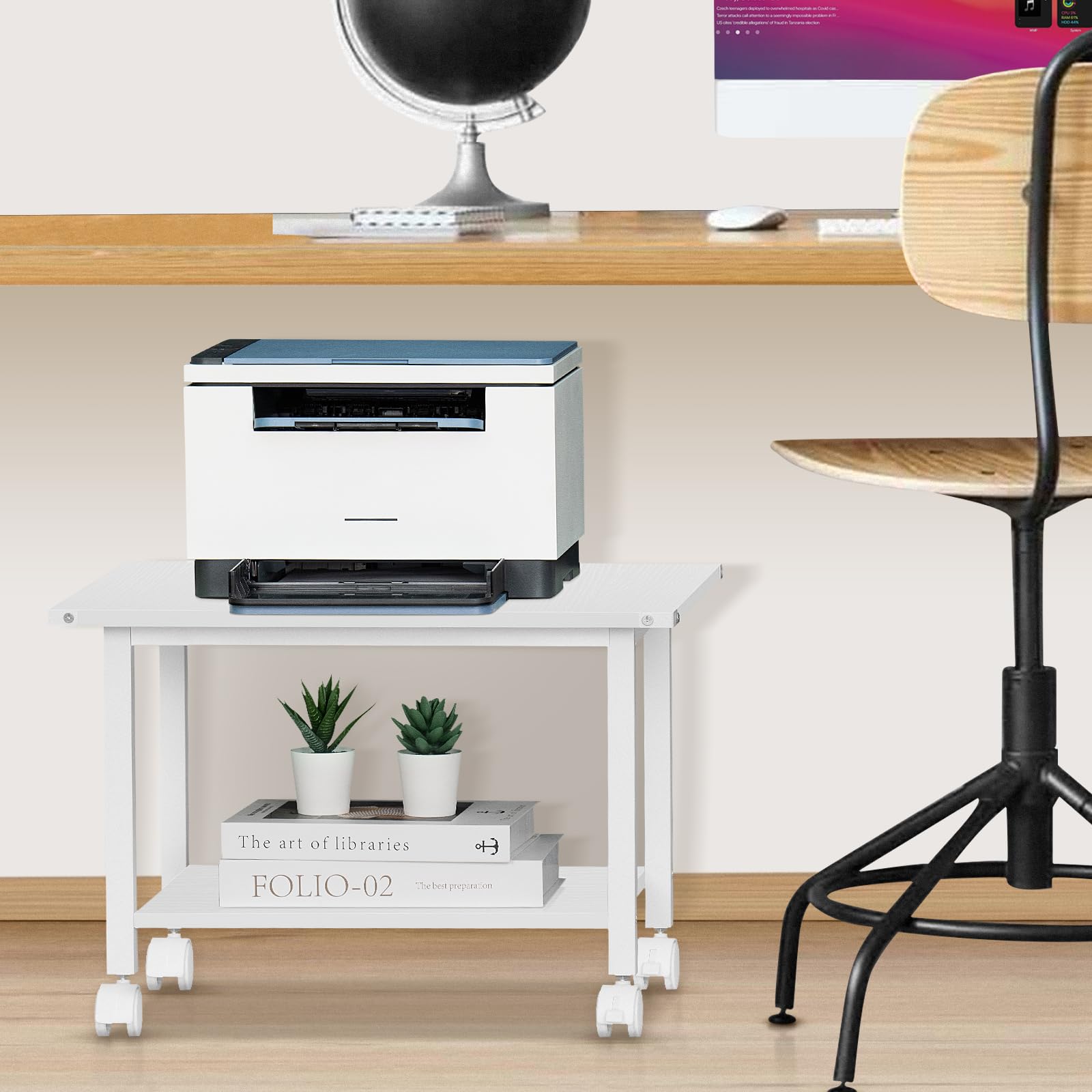 Lerliuo 3-Tier Printer Stand, Industrial Mobile Printer Table with Storage Shelf and Steel Frame, Rolling Printer Cart Holder with Lockable Wheels for Home, Office (White)