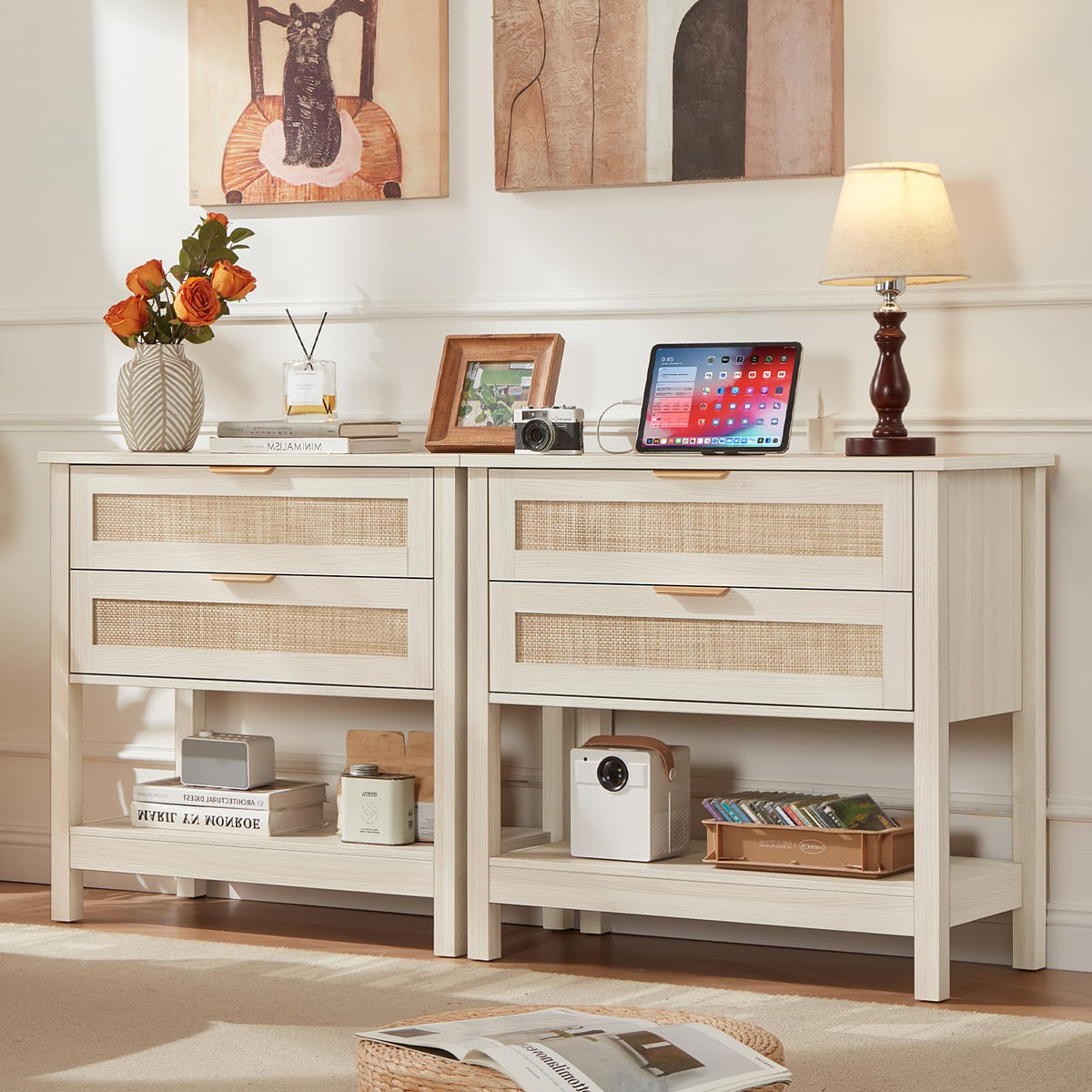 Lerliuo 31.5" Wide Rattan Nightstand,Oversized Large Boho Night Stand with 2 Drawers, 30" Tall Grey White Bedside Table with Storage Shelf, Bed Side End Tables for Bedroom, Living Room, Hallway