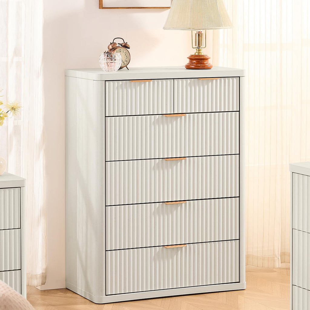 LEYAOYAO Fluted Dressers & Nightstand Set of 4, Wood 48" Wide Dresser & 42" Tall Chest of Drawers,Modern Bedroom Furniture Sets, Natural Wooden Nightstand Set of 2 with 3 Drawers & Charging Station