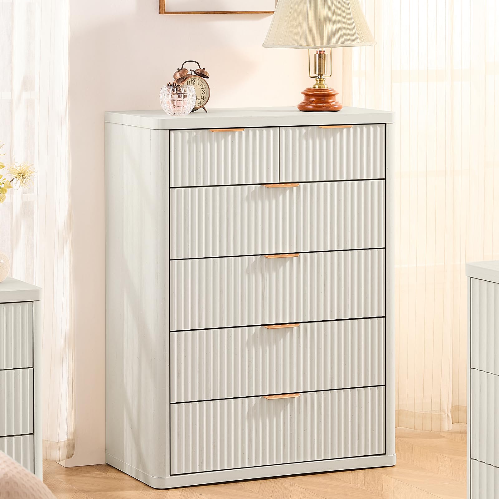 LEYAOYAO Fluted Dressers & Nightstand Set of 4, Wood 48" Wide Dresser & 42" Tall Chest of Drawers,Modern Bedroom Furniture Sets, Natural Wooden Nightstand Set of 2 with 3 Drawers & Charging Station