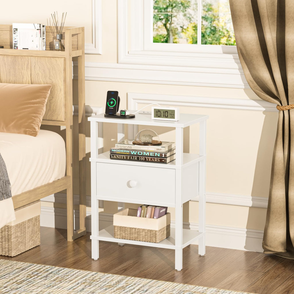 Lerliuo Nightstand with Charging Station and USB Ports, 3-Tier Storage End Table with Drawer Shelf, Night Stand for Small Spaces, Wood Bedside Table for Living Room, Bedroom - Retro Brown…