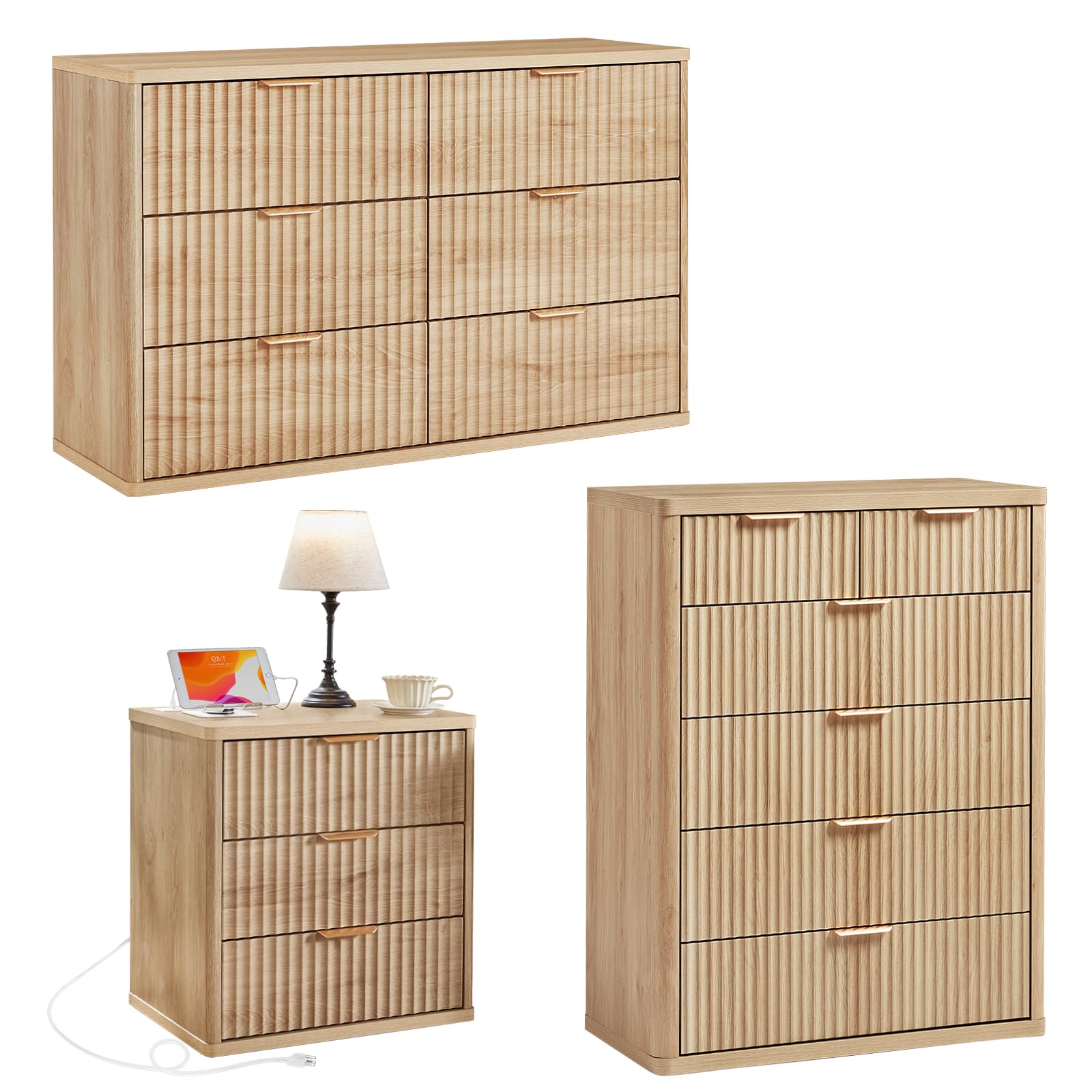LEYAOYAO Fluted Dressers & Nightstand Set of 4, Wood 48" Wide Dresser & 42" Tall Chest of Drawers,Modern Bedroom Furniture Sets, Natural Wooden Nightstand Set of 2 with 3 Drawers & Charging Station