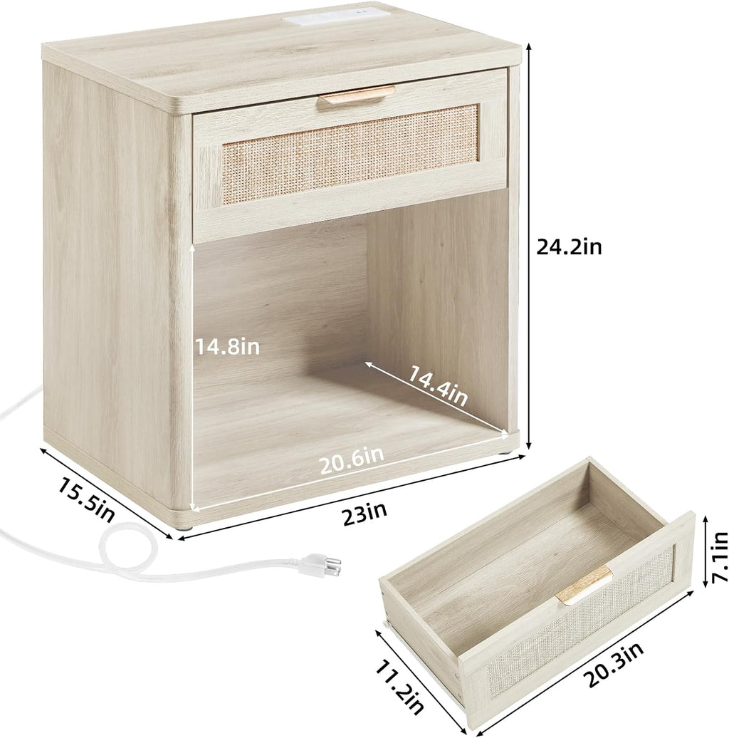 LEYAOYAO Rattan Dresser and Nightstand Set of 3, Boho Wood Dresser for Bedroom with 6 Drawers and Night Stand with Charging Station, Bedroom Furniture, Dressers & Chests of Drawers, Living Room