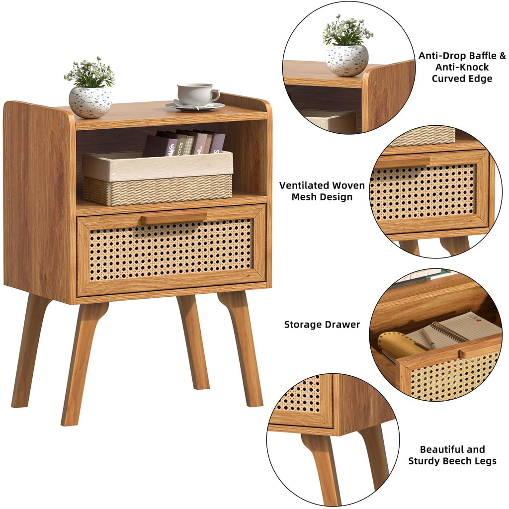 Lerliuo Rattan Nightstand, Boho Side Table with Drawer Open Shelf