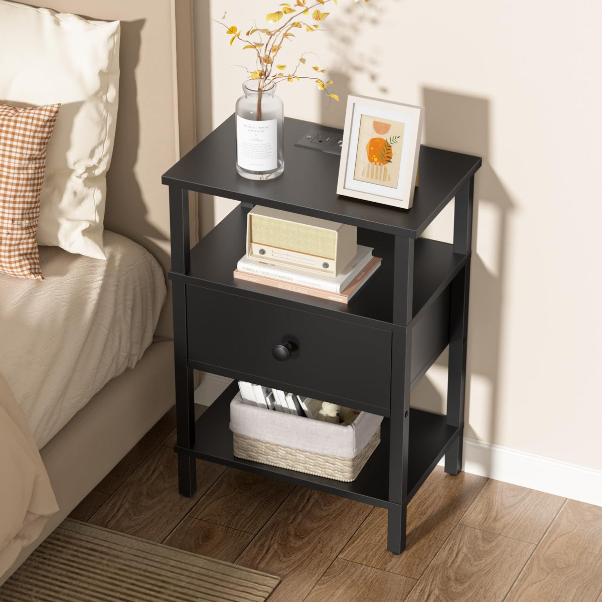 Lerliuo Nightstand with Charging Station and USB Ports, 3-Tier Storage End Table with Drawer Shelf, Night Stand for Small Spaces, Wood Bedside Table for Living Room, Bedroom - Retro Brown…