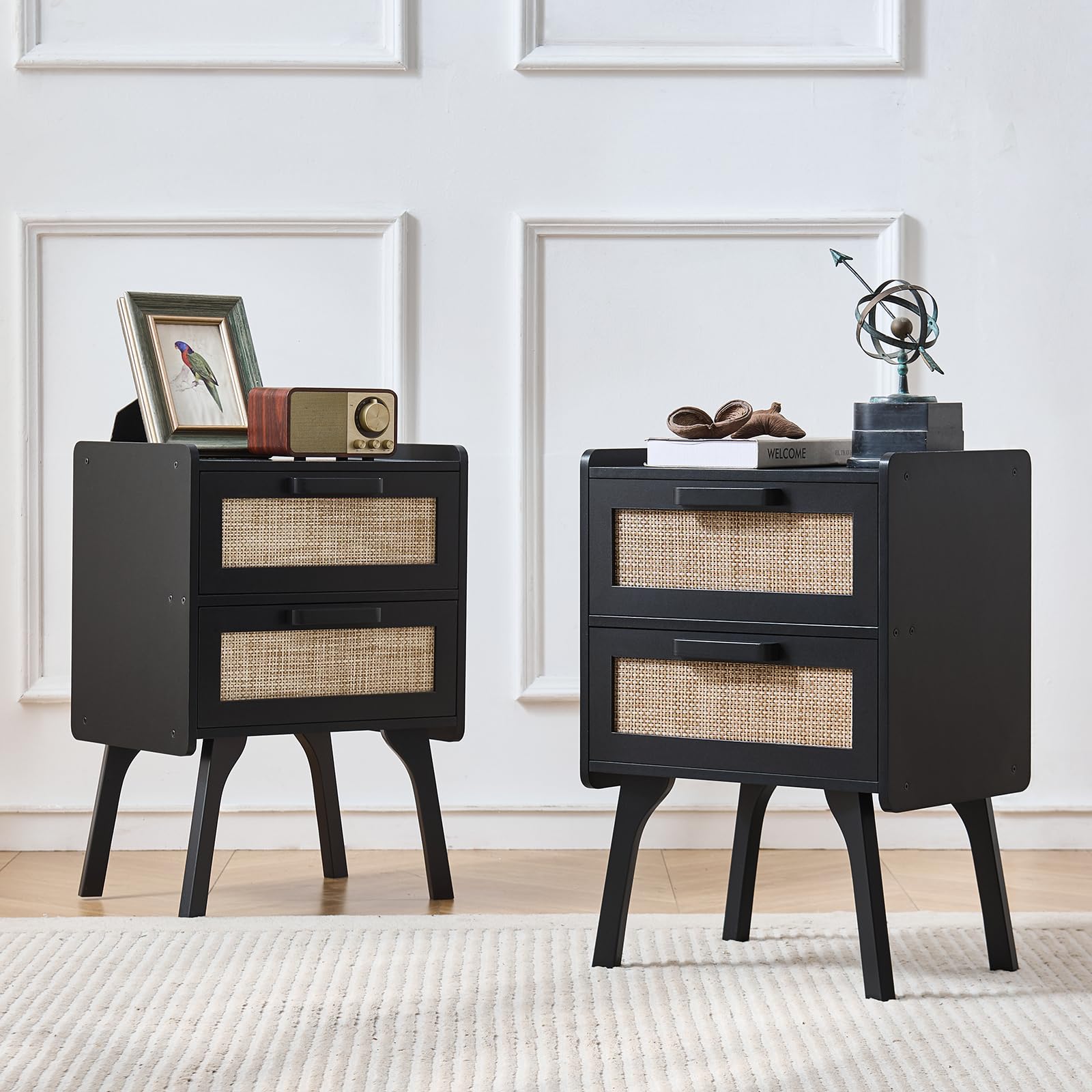 Lerliuo Rattan Nightstands Set of 2 for Bedroom, 2 Drawers