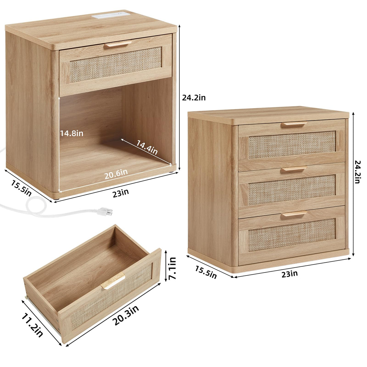 LEYAOYAO Rattan Nightstand Set of 2 with Charging Station, 1 & 2 Drawers Boho Night Stand Dresser for Bedroom, Natural Wood Bedside Table Open Storage Cabinet, Bed Side End Tables, Living Room,Hallway