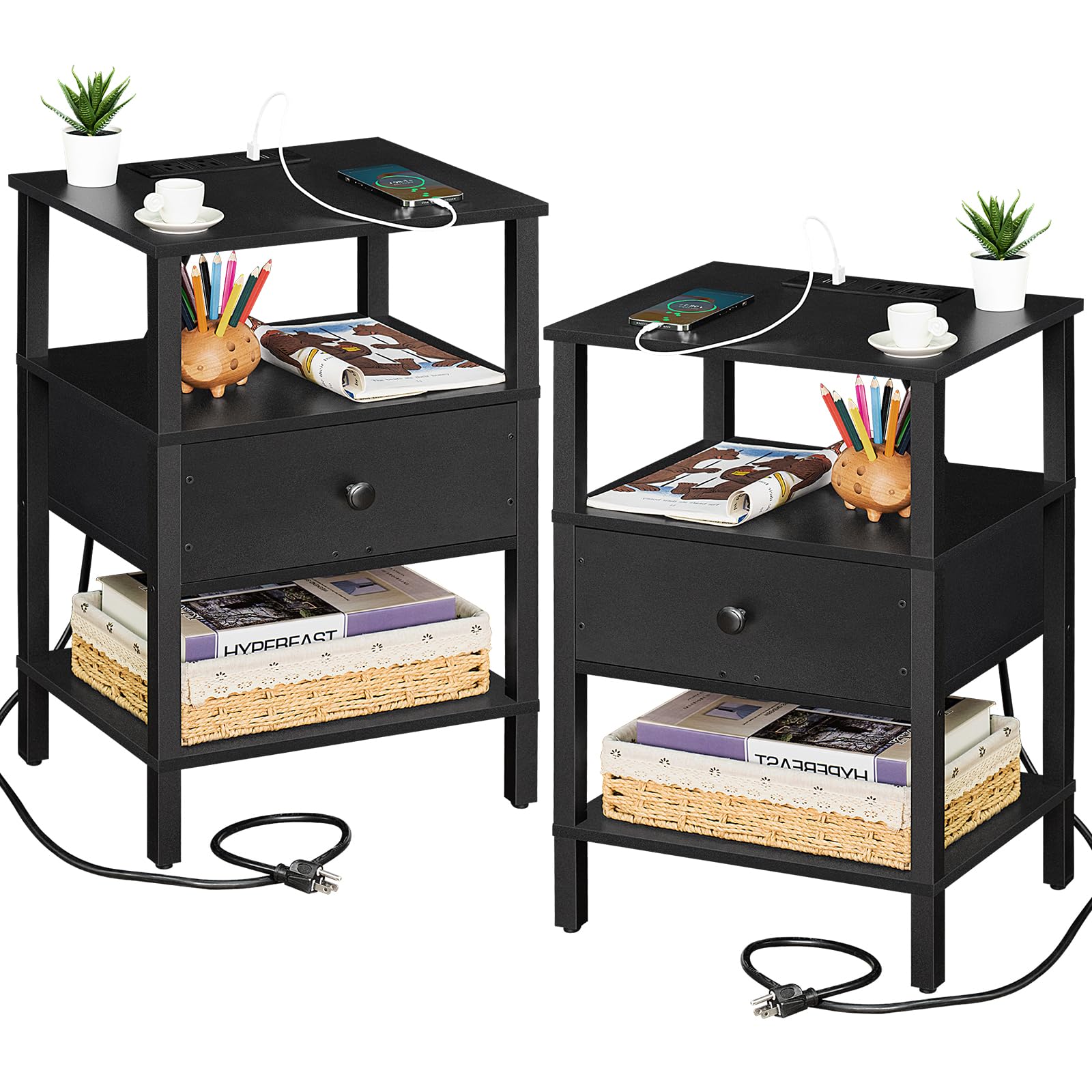 Lerliuo Nightstand with Charging Station and USB Ports, 3-Tier Storage End Table with Drawer Shelf, Night Stand for Small Spaces, Wood Bedside Table for Living Room, Bedroom - Retro Brown…