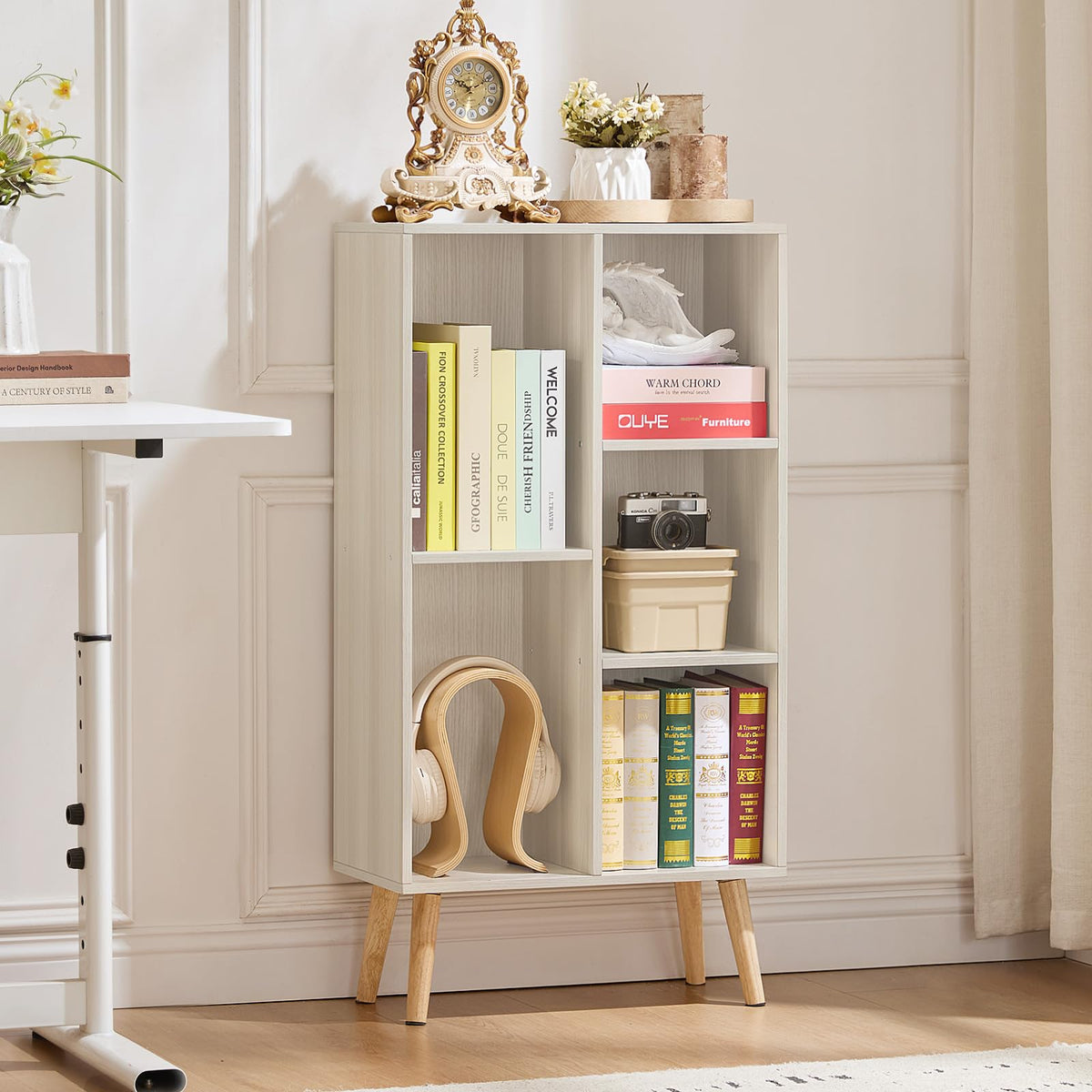 LEYAOYAO Cube Bookshelf, Mid-Century Modern Book Shelf with Legs, Brown