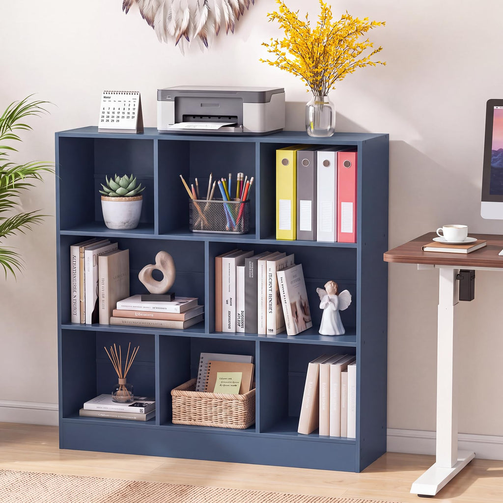 LEYAOYAO 7 Cube Bookshelf with Base,3 Tier Mid-Century Modern Blue Bookcase,Standing Wide Bookshelves Storage Organizer Shelf,Rustic Wood Display Cabinet Book Shelves for Bedroom,Living Room,Office
