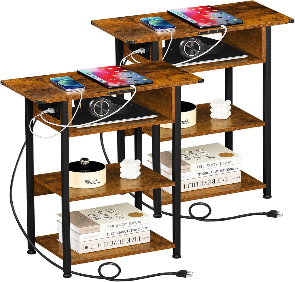 LEYAOYAO Side Table with Charging Station Set of 2，Nightstand with Open Storage Shelf,Bedside Table with USB Ports and Outlets for Living Room