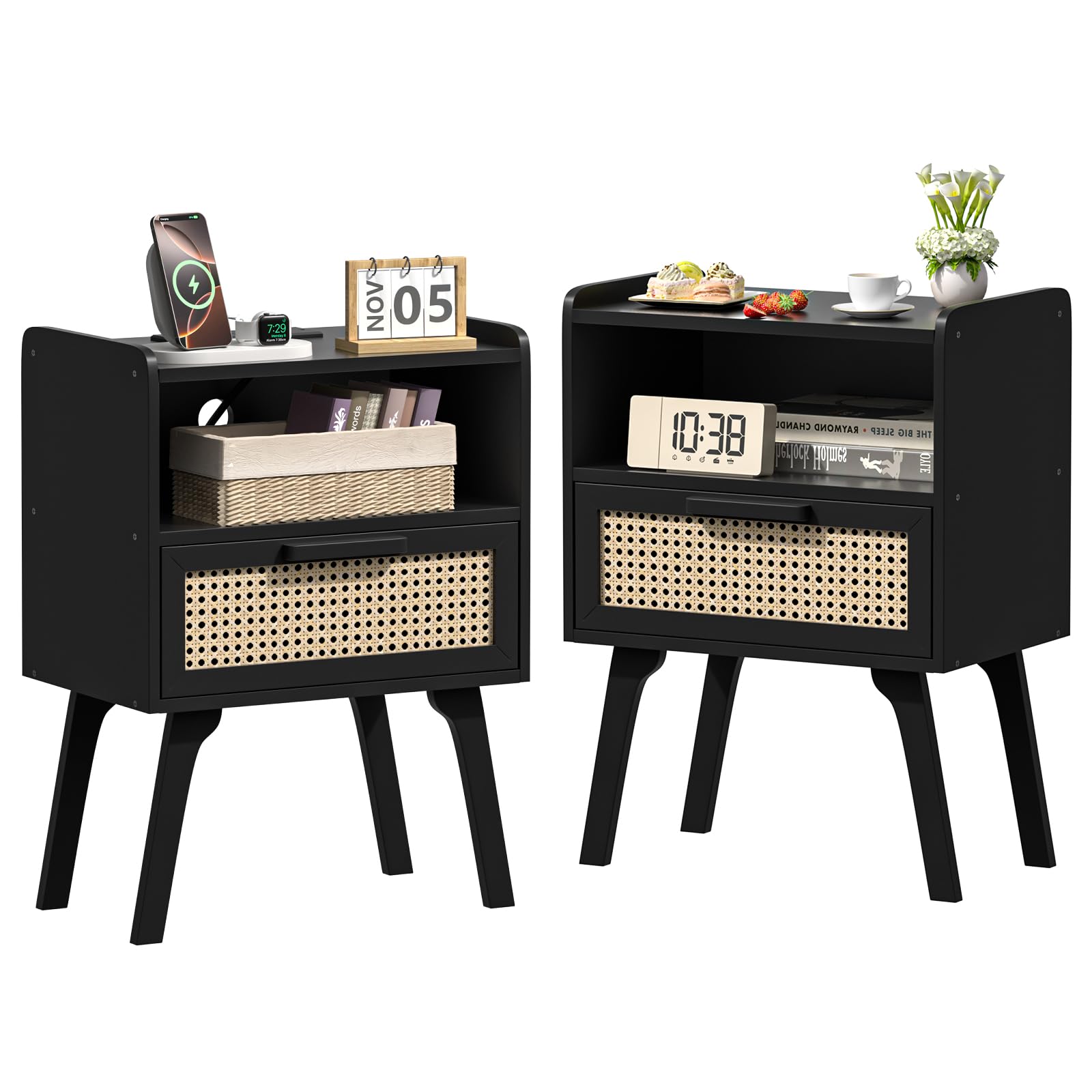 Lerliuo Rattan Nightstand, Boho Side Table with Drawer Open Shelf