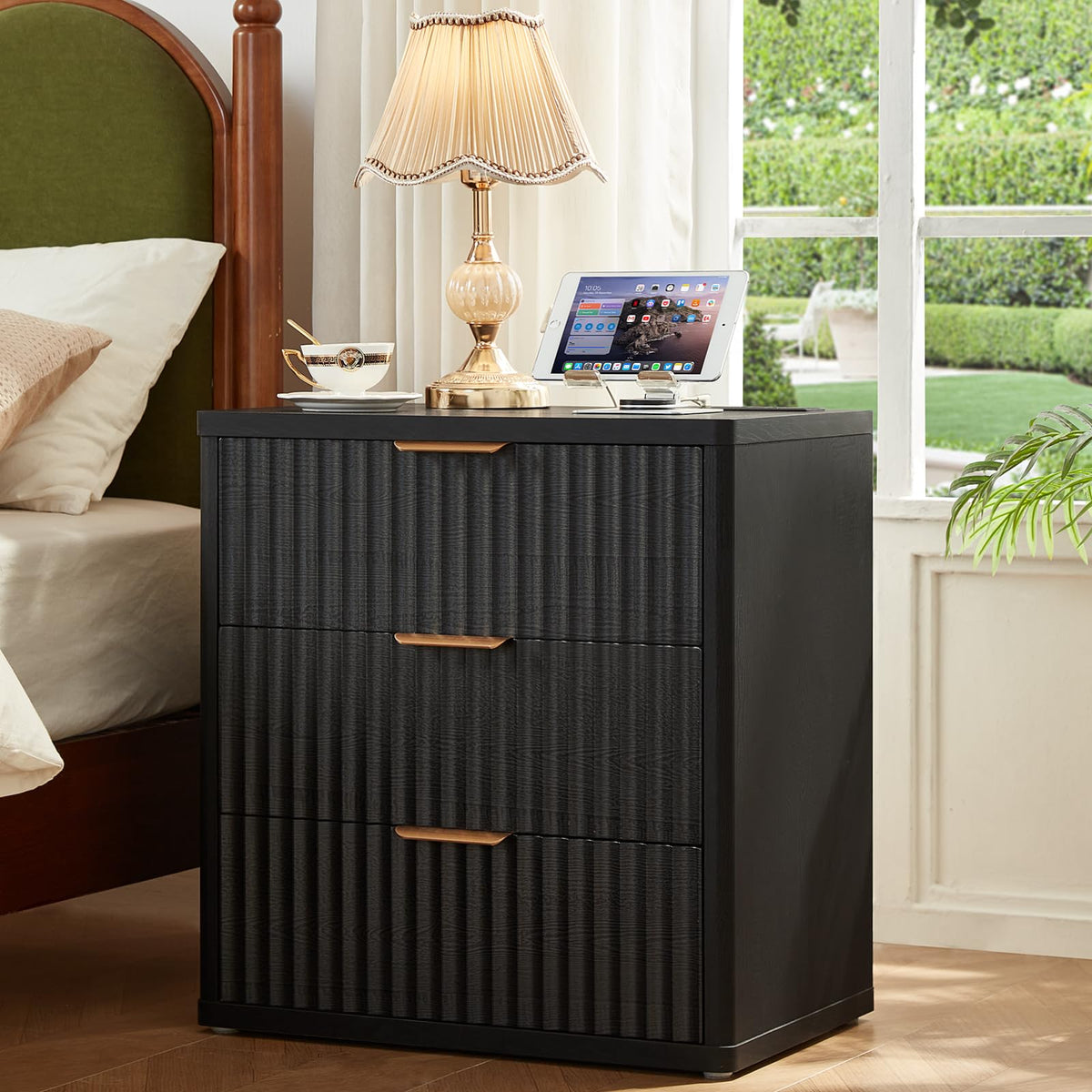 LEYAOYAO Fluted Dressers & Nightstand Set of 4, Wood 48" Wide Dresser & 42" Tall Chest of Drawers,Modern Bedroom Furniture Sets, Natural Wooden Nightstand Set of 2 with 3 Drawers & Charging Station