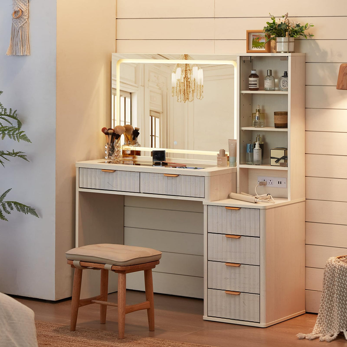 LEYAOYAO Vanity Mirror with Lights and Night Stand Sets, 43.5" Fluted Makeup Vanity with 6 Drawers and Power Outlet, 3 Drawers 23" End Side Table, Natural Wood Makeup Table Bedroom Furniture Set of 2
