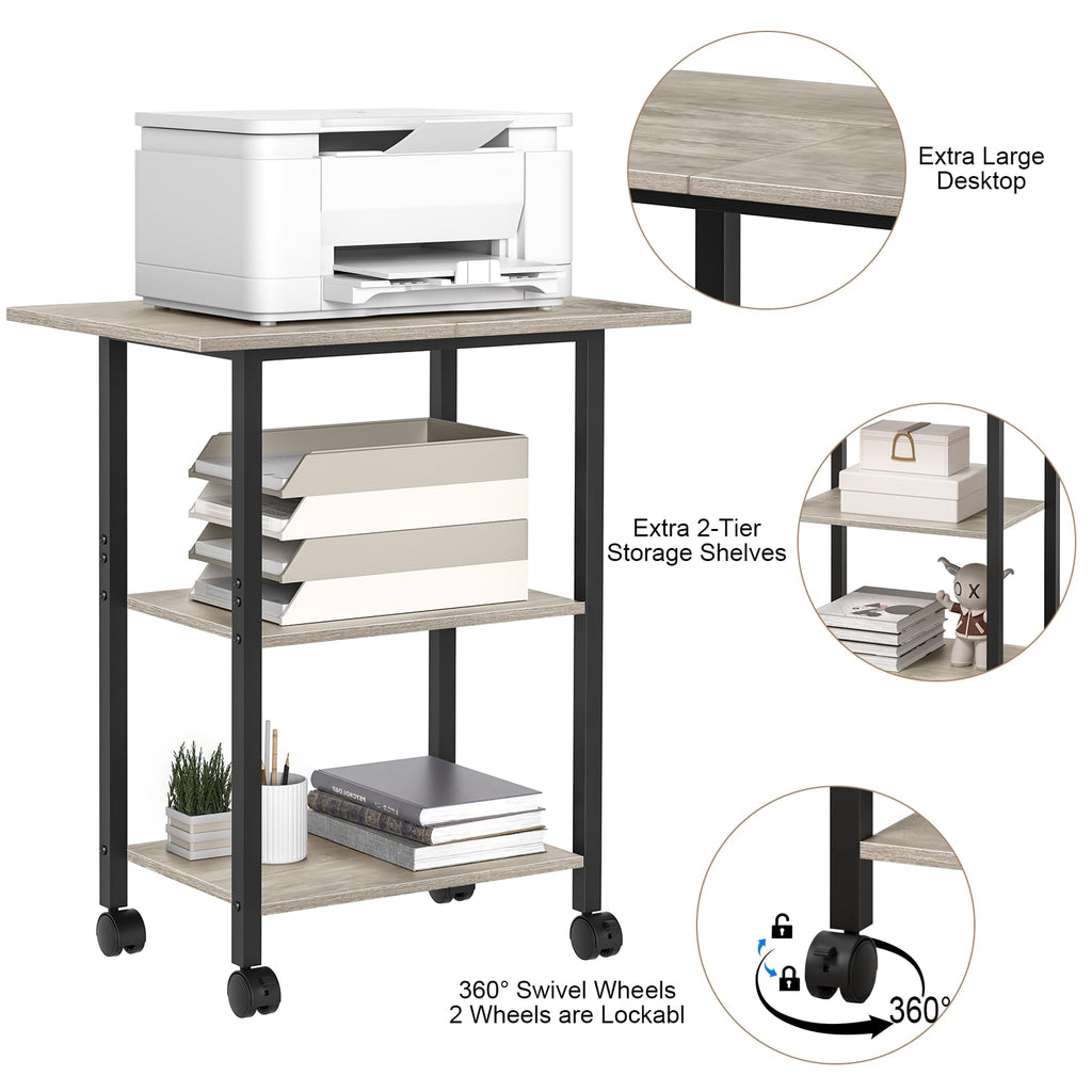 Lerliuo 3-Tier Printer Stand, Industrial Mobile Printer Table with Storage Shelf and Steel Frame, Rolling Printer Cart Holder with Lockable Wheels for Home, Office (White)
