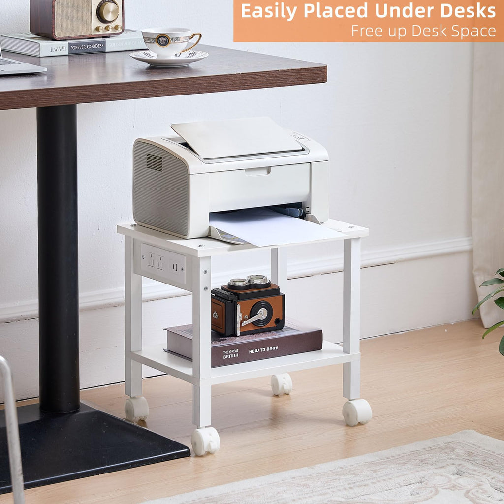 Lerliuo Under Desk Printer Stand with Charging Station, 2 Tier Wooden Small Printer Table with Storage, Rolling Printer Cart Shelf with Lockable Wheels for Home, Office (Brown)